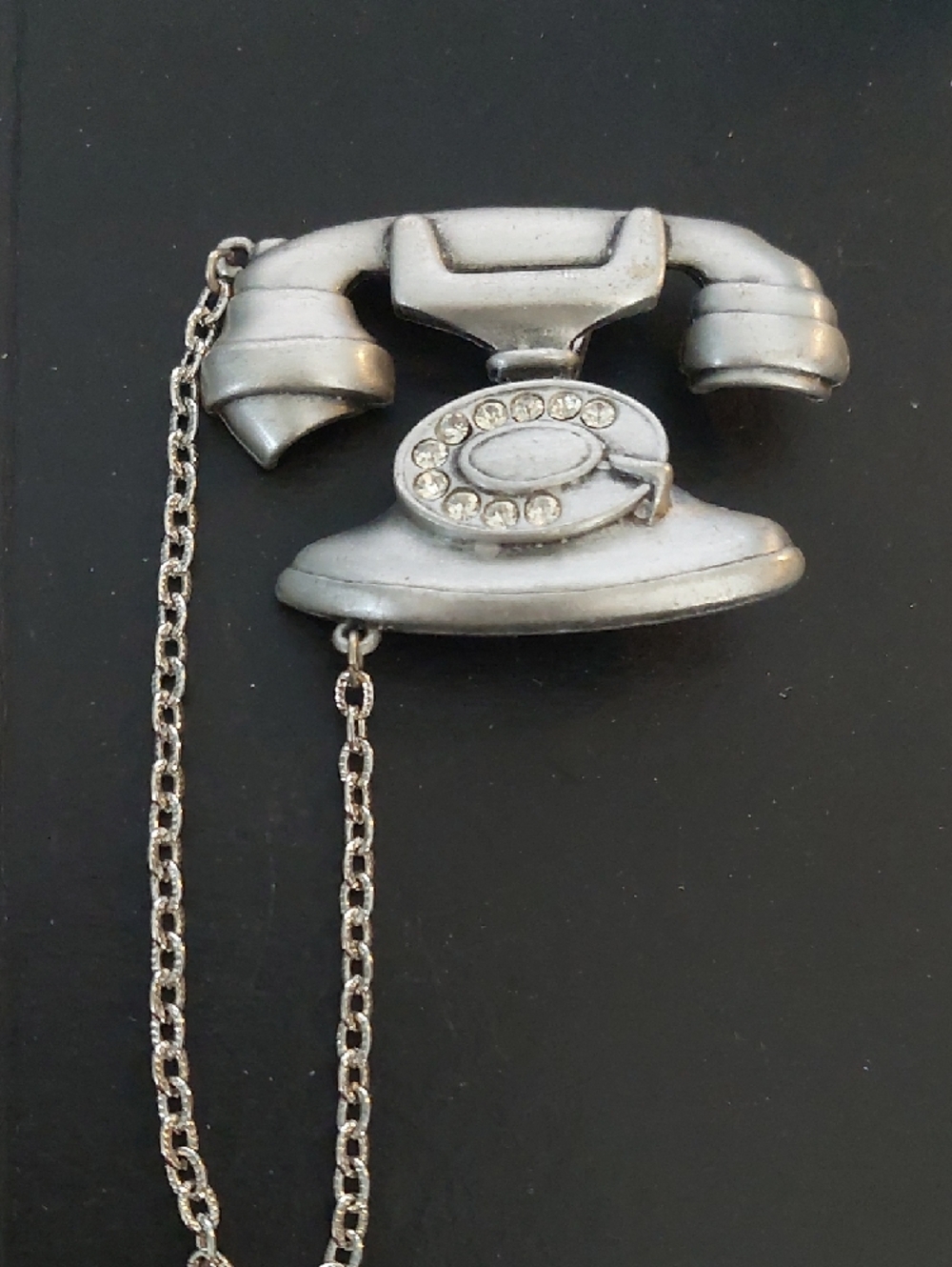 JJ JONETTE Telephone Brooch In Brushed Pewter With RHINESTONES Vintage Cutie